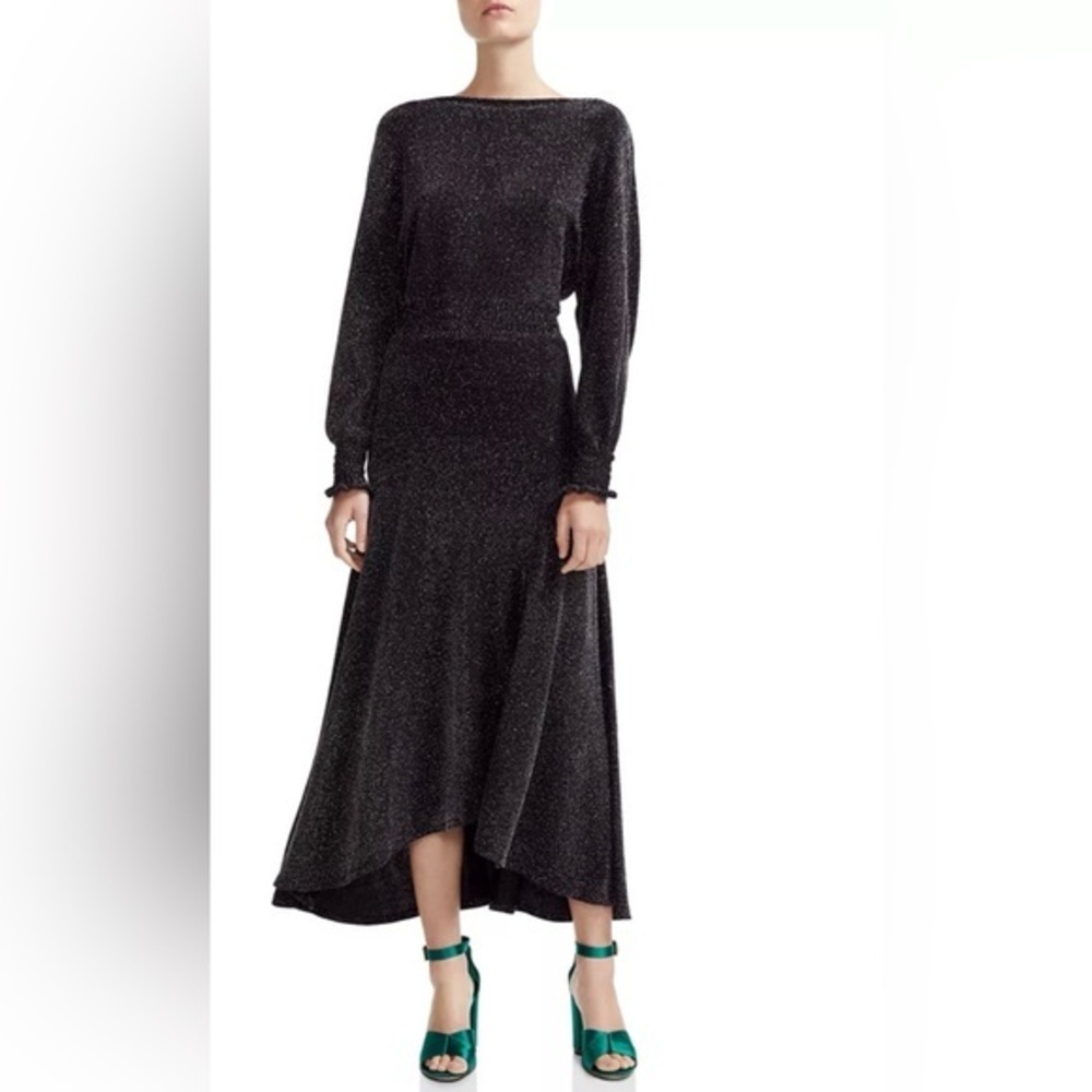 Maje Rio Metallic V Back long sleeve Midi Dress black multicolor sparkle 1 S